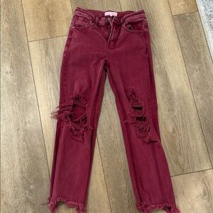 Women’s Straight-Leg Distressed Jeans in Burgundy